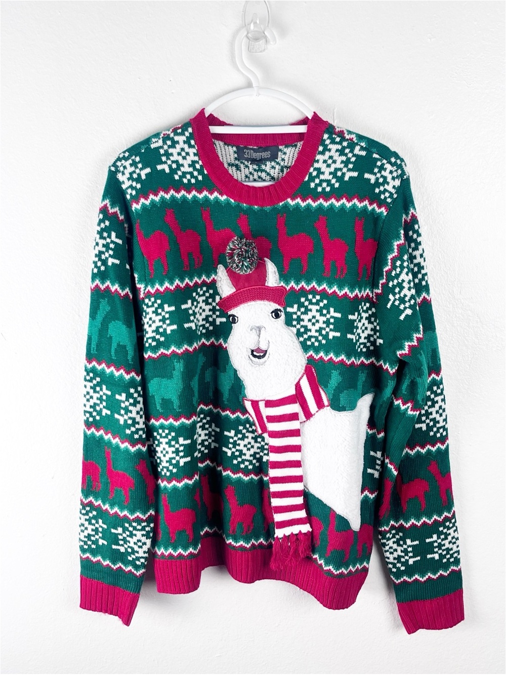33 DEGREES Llama Scarf Pom Pom Hat Graphic Unisex Christmas Sweater Size Large